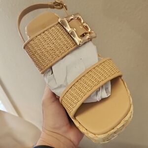Woven Platform Sandal in Tan with Gold Buckle